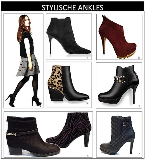 1 Outift Comma / 2 Ankleboots Fell Stuart Weitzman / 3 + 6  Ankleboots Tamaris / 4 Ankleboots Felle mit Kette Caterina Martins  / Ankleboots Zebralook Rapisardi / 7 Ankleboots mit Steppungen